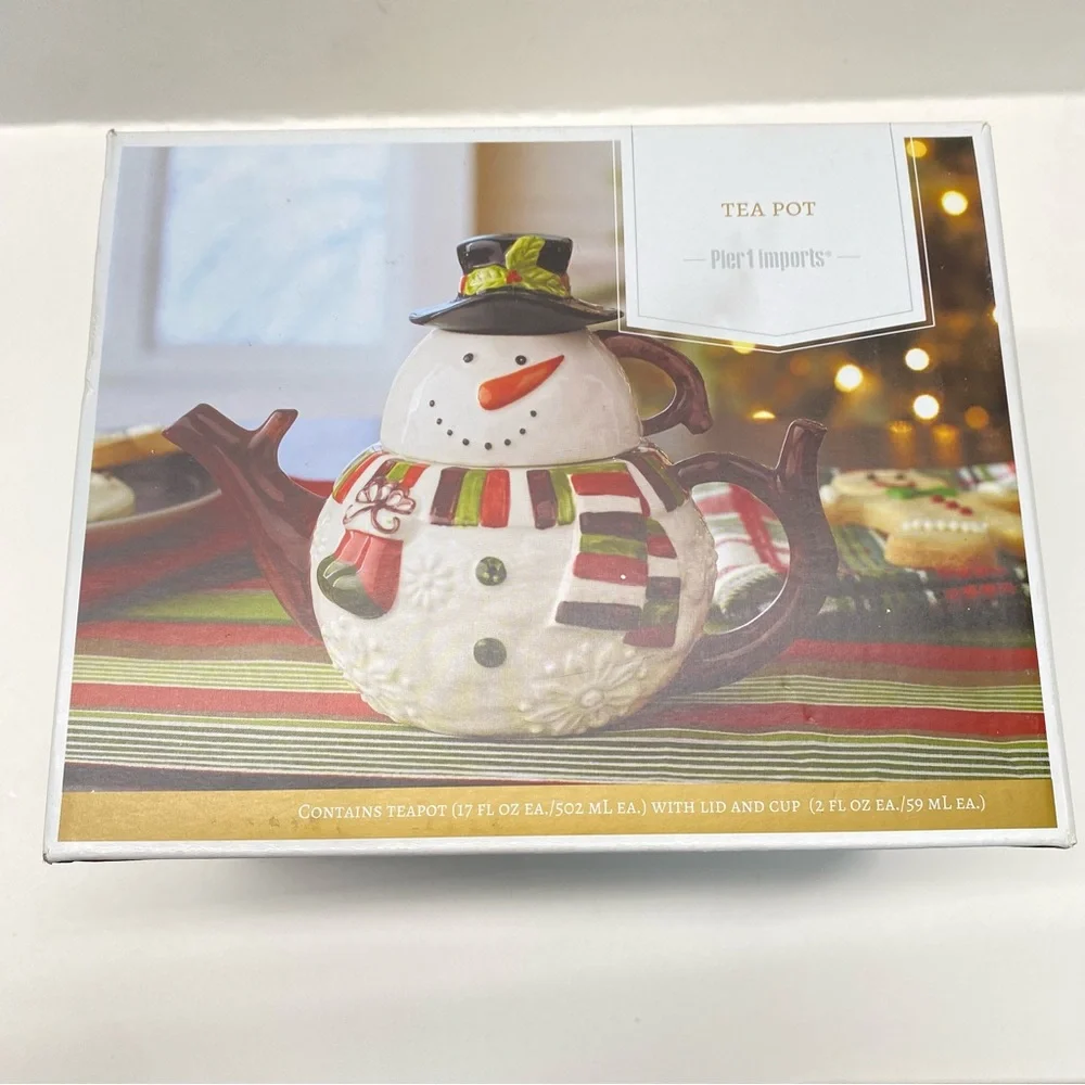 Pier 1 Imports Snowman Teapot Set w/Lid & Cup Tea for One Christmas Holiday